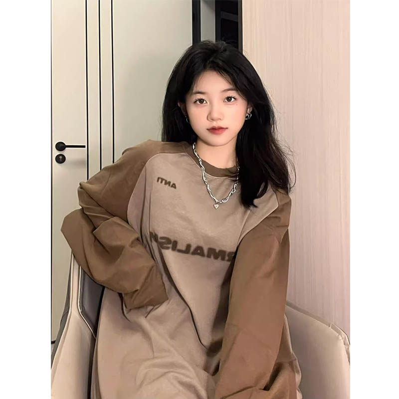 美式復古長袖t恤女2023秋季新款拼接字母印花寬鬆百搭上衣