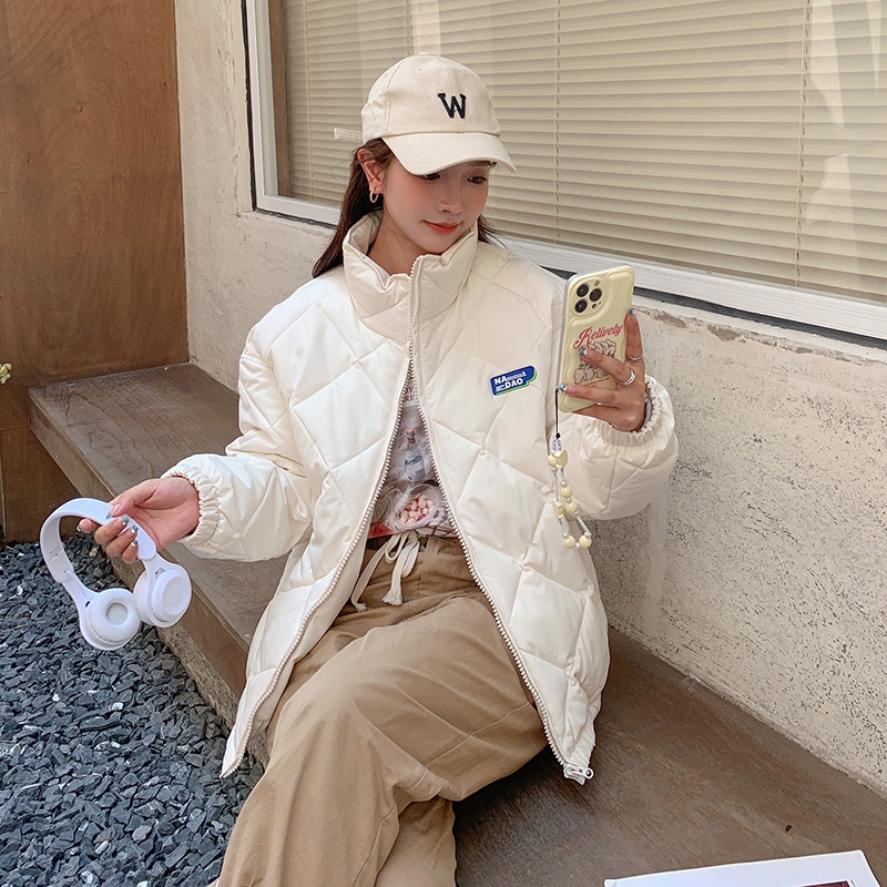 新款菱形格情侶羽絨服女寬鬆學生ins夾克棉服oversize外套