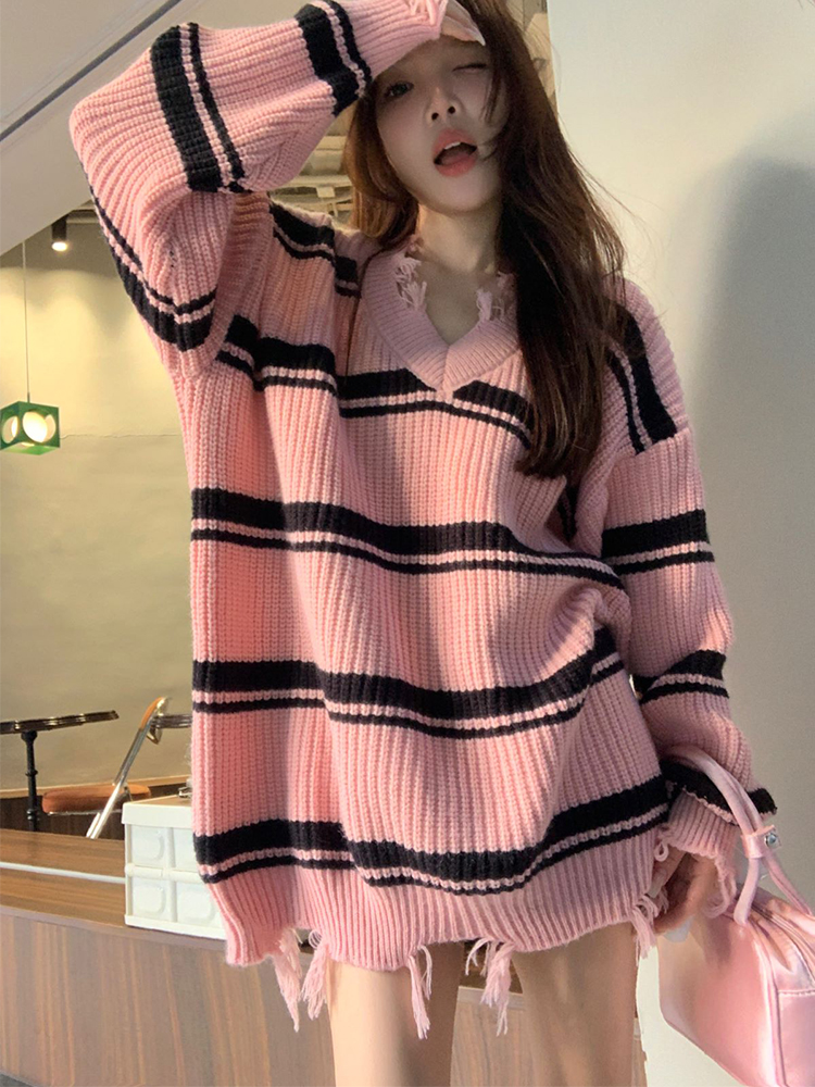 元氣少女秋冬韓chic簡約條紋割破設計感毛衣