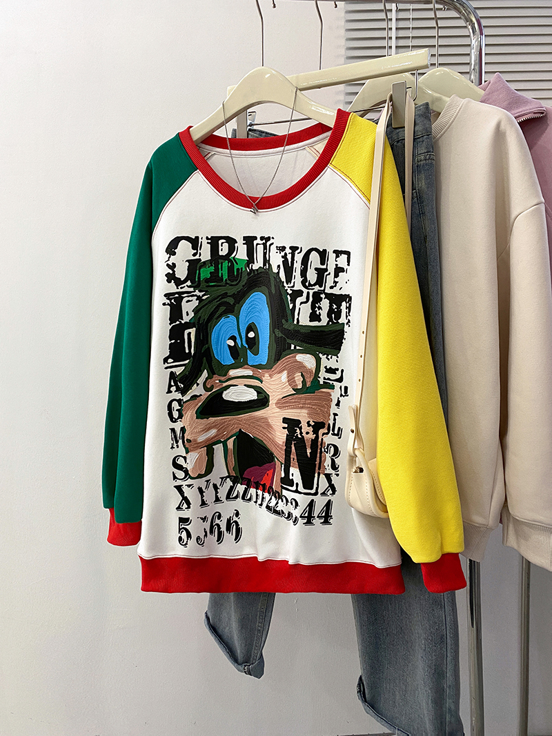 -Autumn pure cotton Chinese cotton Korean style loose contrast printed round neck sweatshirt for women