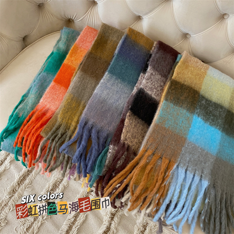 Checkered fringe scarf rainbow color matching imitation cashmere mohair shawl thickened scarf