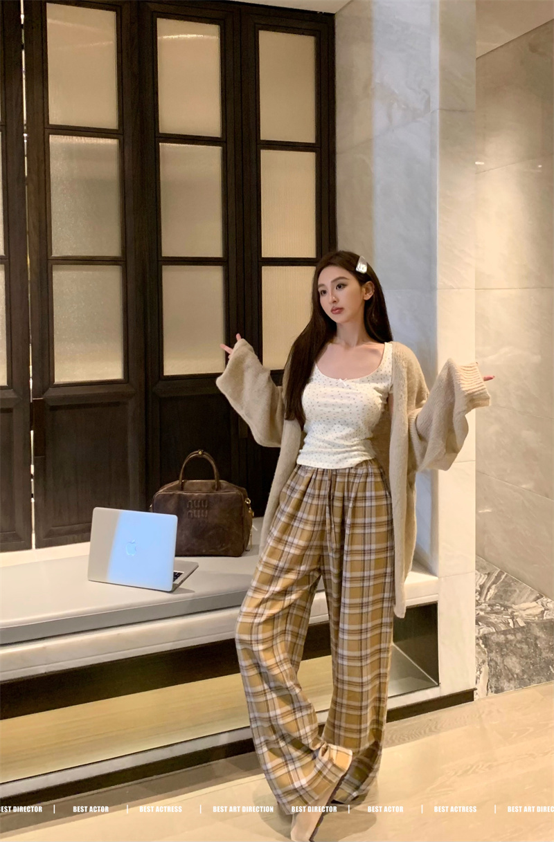 洋氣優雅氣質小眾顯瘦修身格子長褲開衫三件套裝