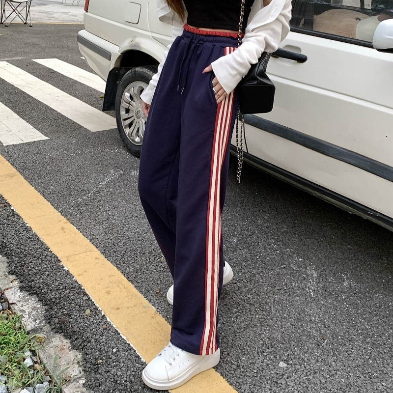 260g斜紋秋裝高街撞色長褲女闊腿ins潮
