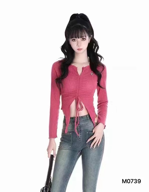 2023秋季新款性感辣妹V領褶皺不規則抽繩長袖上衣女