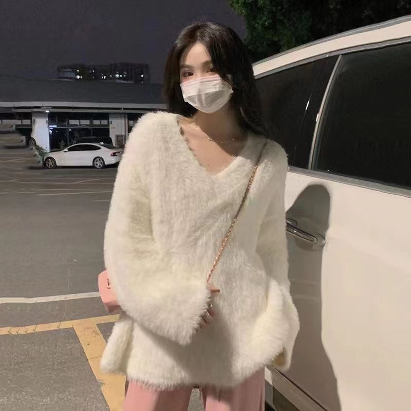 水貂絨白色毛衣女秋冬慵懶風寬鬆v領針織衫中長款毛衣女2023新款