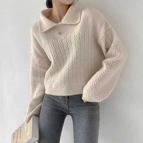 French retro twist polo collar sweater for women, autumn and winter lazy style, loose outer wear, soft waxy knitted sweater, inner top