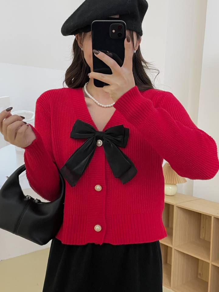 秋冬季法式蝴蝶結v領毛衣開衫外套女設計感小眾長袖別致獨特上衣