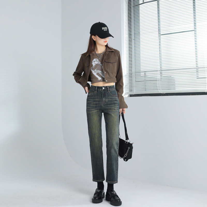 2023秋冬季新品高端柔軟質感面料高腰直筒牛仔褲女