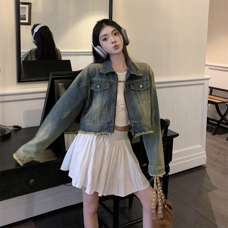~ 美式復古做舊水洗繡花長袖牛仔外套辣妹寬鬆短款上衣