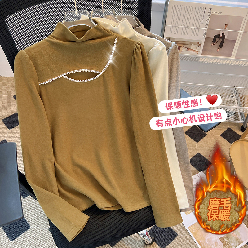 Half turtleneck brushed plus velvet long-sleeved T-shirt for women 2023 autumn and winter new style soft and slim inner layering shirt with thick top