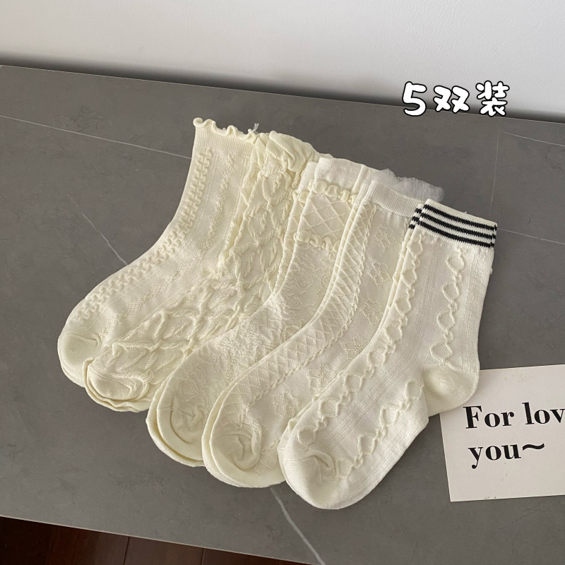 Autumn and winter all-match socks women's mid-calf socks solid color pile socks long socks women's socks pure cotton 5 pairs