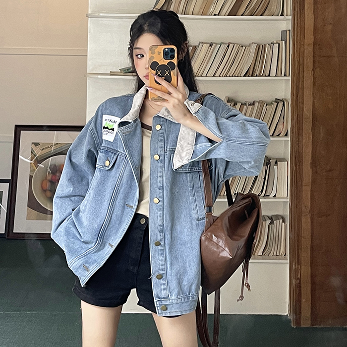 ！港風復古燈芯絨拼接牛仔外套秋寬鬆休閒棒球服bf風夾克
