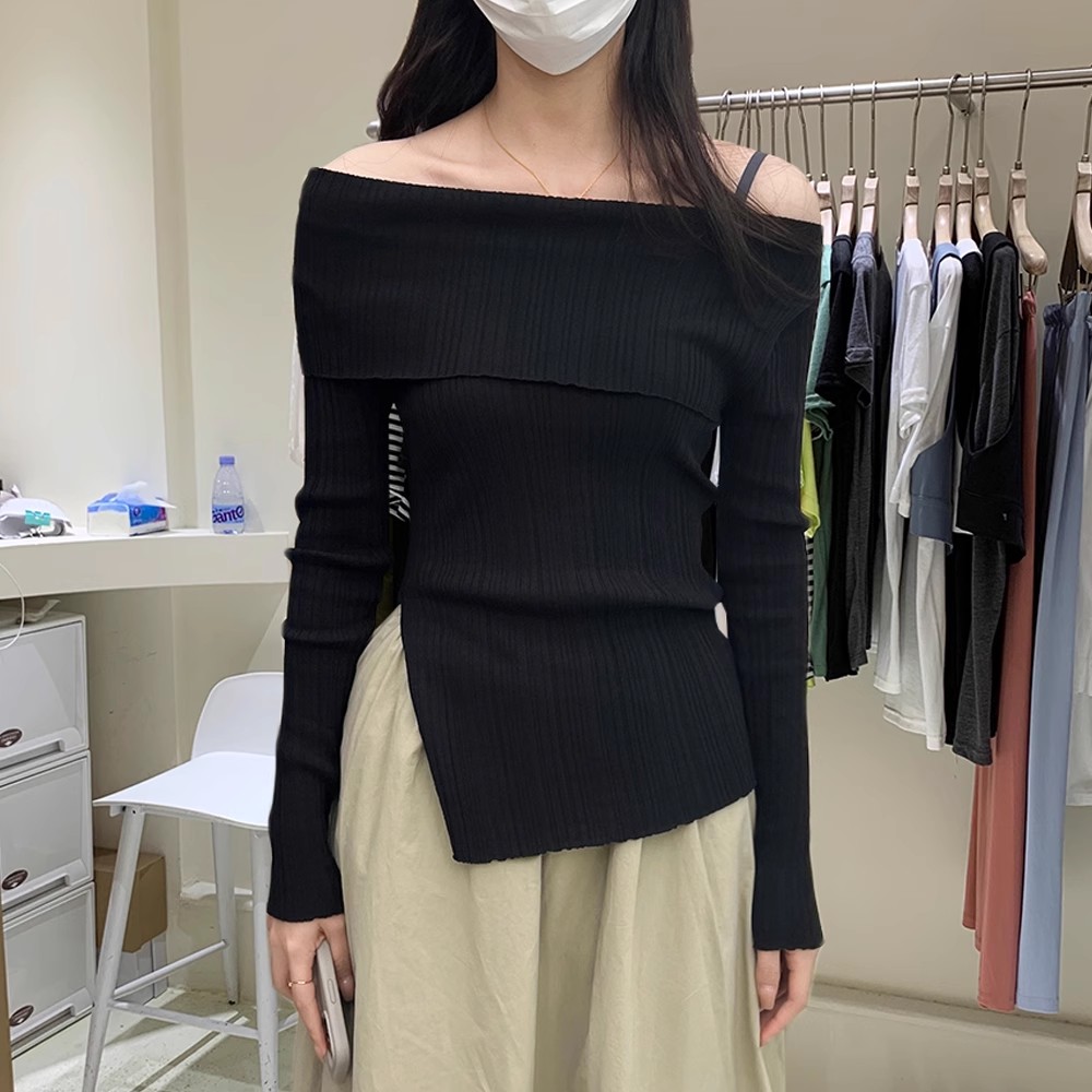 純欲黑色一字肩毛衣女秋冬季性感內搭慵懶打底衫高級感針織上衣
