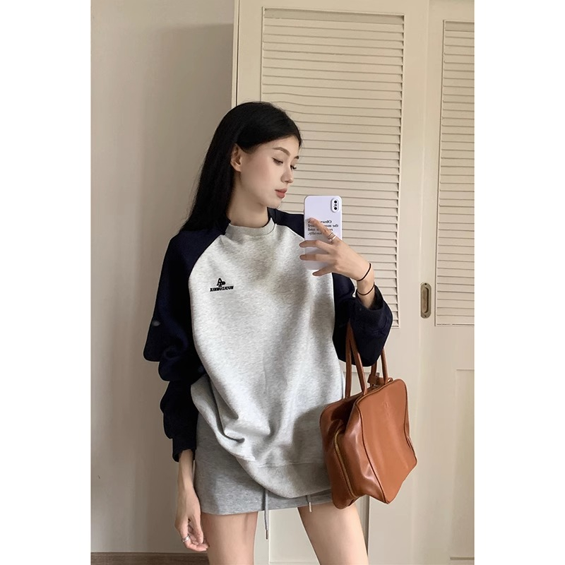 原版做工插肩袖衛衣女秋季2023新款字母刺繡撞色寬鬆長袖上衣