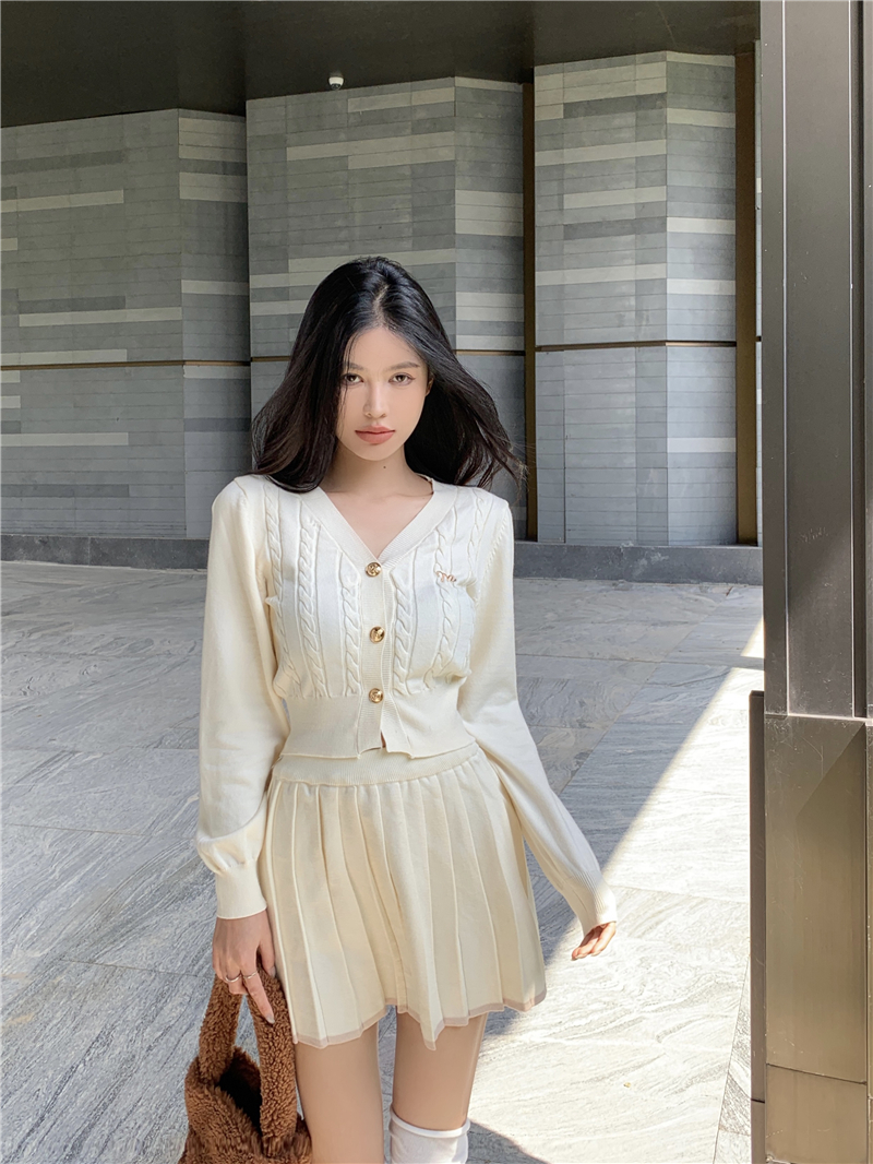 Early autumn outfit, v-neck long-sleeved knitted cardigan, pleated skirt, two-piece set