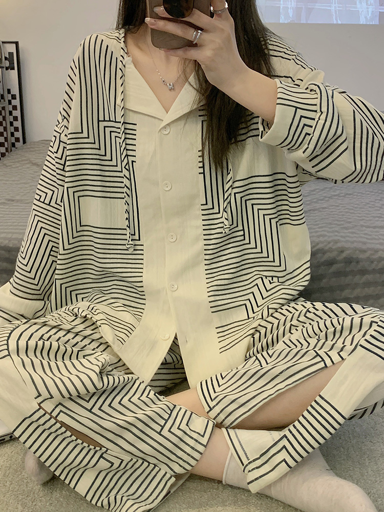 官圖仿棉180g秋季新款網紅條紋睡衣女長袖可家居服套裝