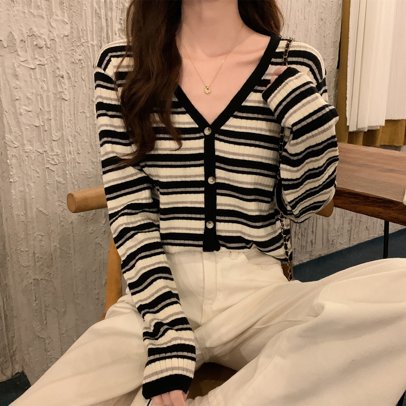 包芯紗 新款包邊條紋單排扣女裝長袖短外套開衫上衣