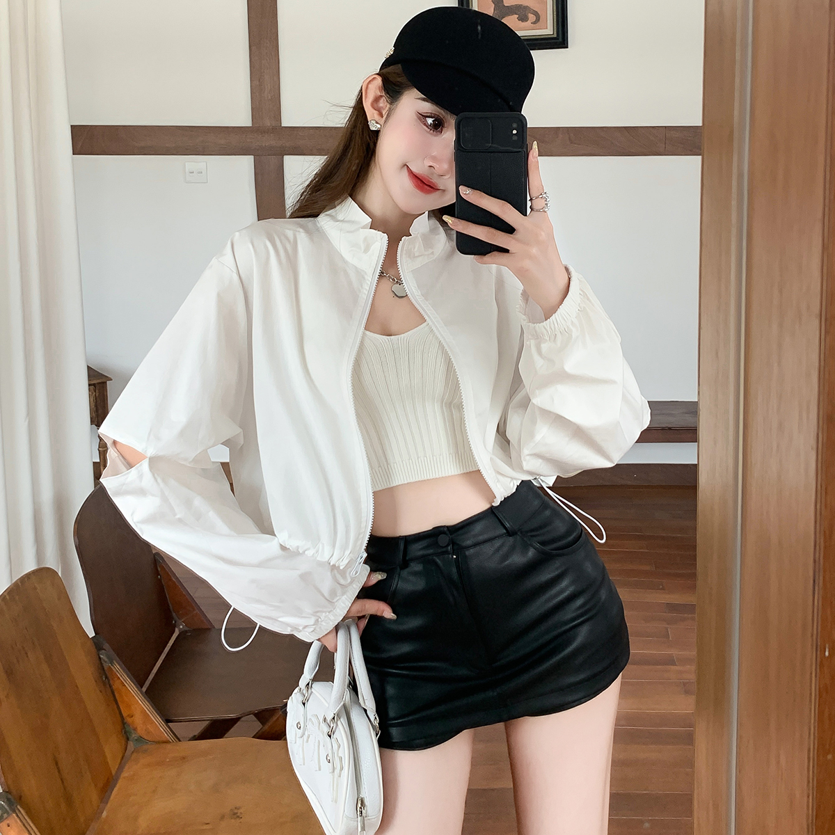 立領短款抽繩辣妹設計感夾克外套女+時尚簡約吊帶兩件套