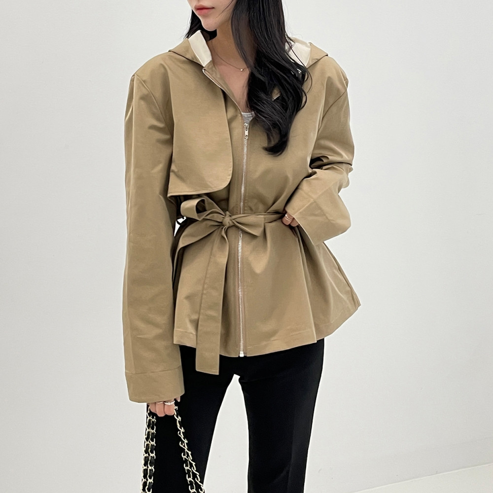 Korean chic autumn and winter temperament loose hooded zipper waist belted jacket women's short windbreaker