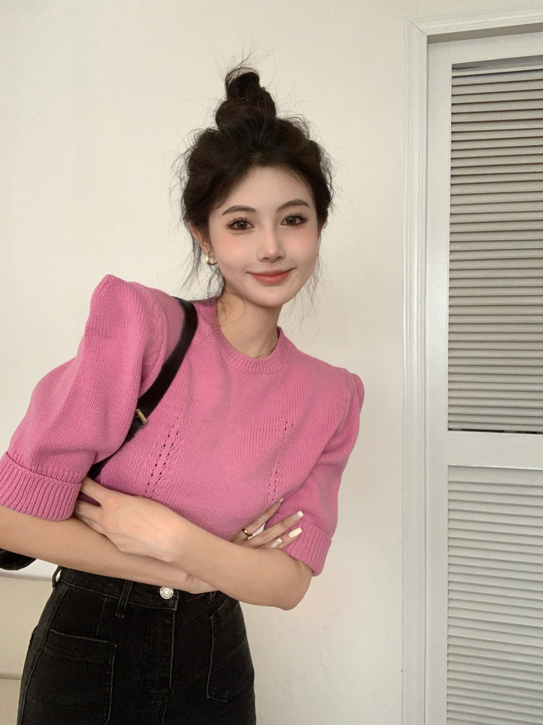 New style autumn and winter style puff sleeve retro knitted sweater top