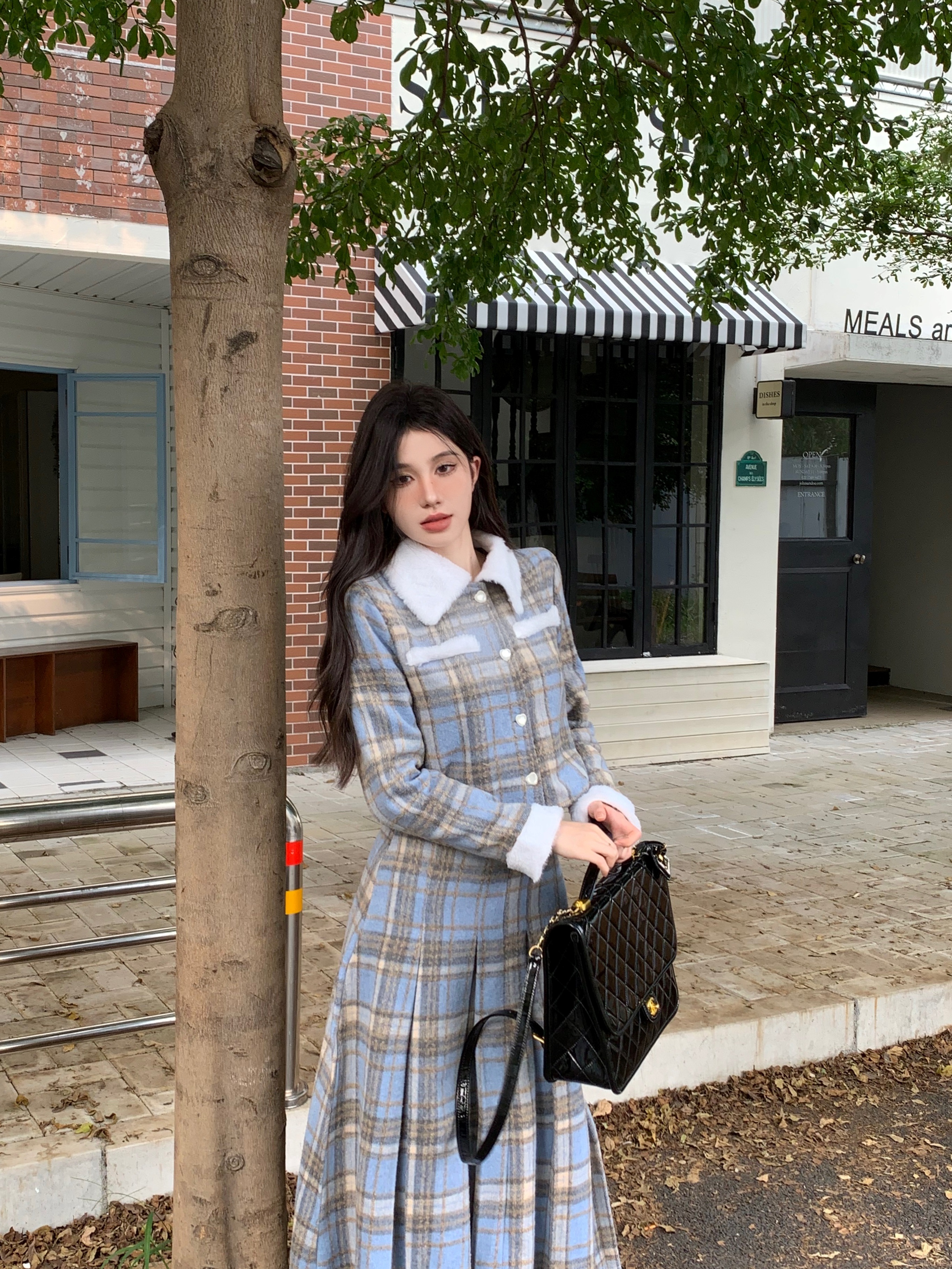 Autumn suit petite temperament blue and white plaid contrasting plush velvet short college style suit