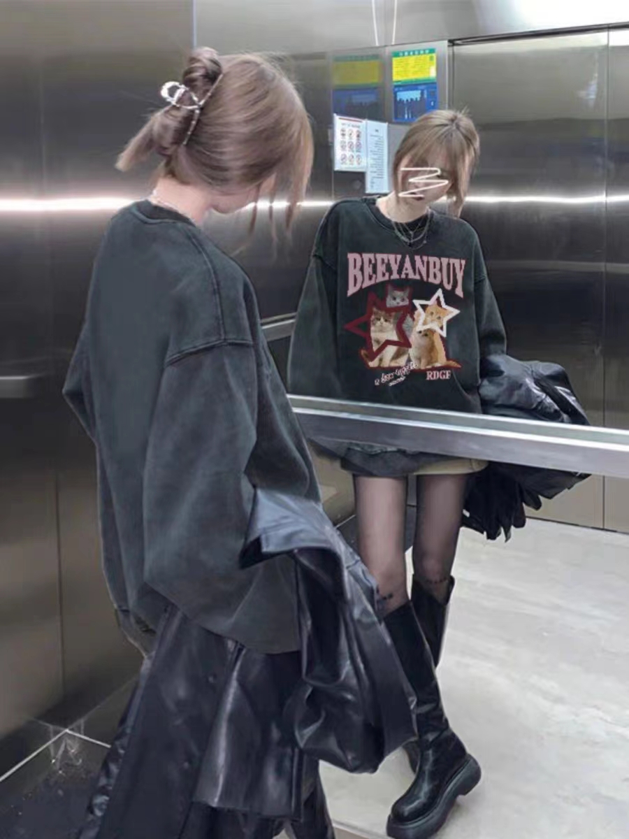 水洗灰純棉美式衛衣oversize小眾高街潮牌ins春秋寬鬆慵懶上衣女