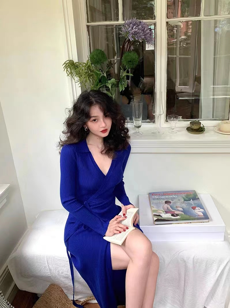官圖包芯紗-酒午自製港風復古一片式綁帶針織長袖連衣裙女秋長裙