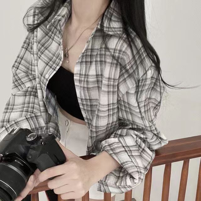 開衫女薄款夏季新款防曬薄衫復古格子短款長袖襯衫外套韓版小清新