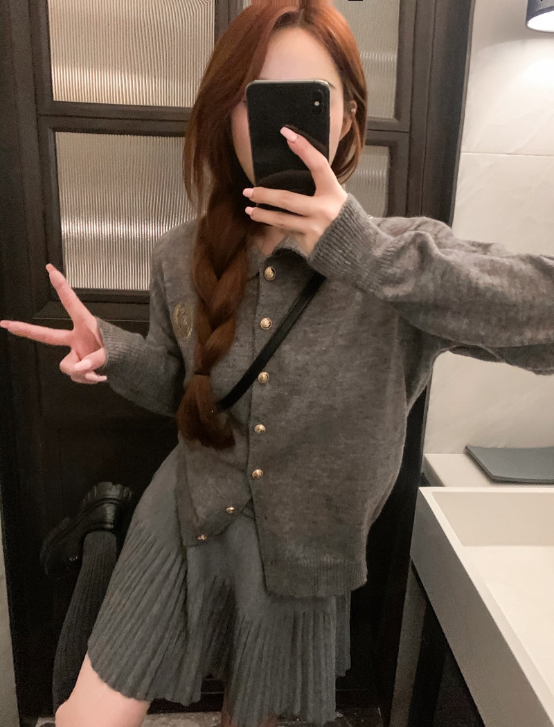 刺繡毛衣外套女針織開衫+高腰半身裙百褶短裙a字裙