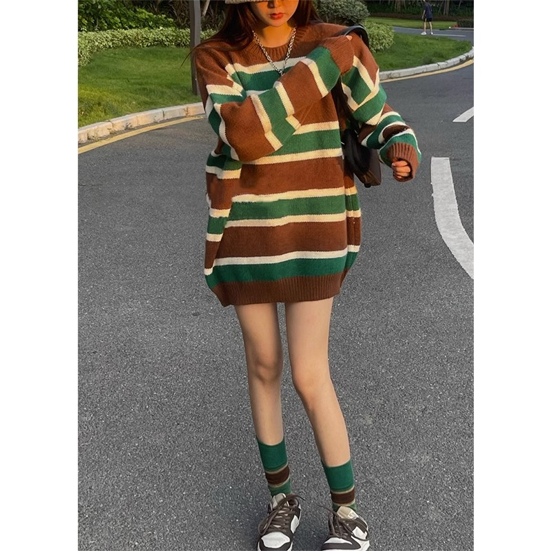 早秋裝毛衣女2023新款韓系軟糯日系慵懶風復古條紋針織衫chic上衣