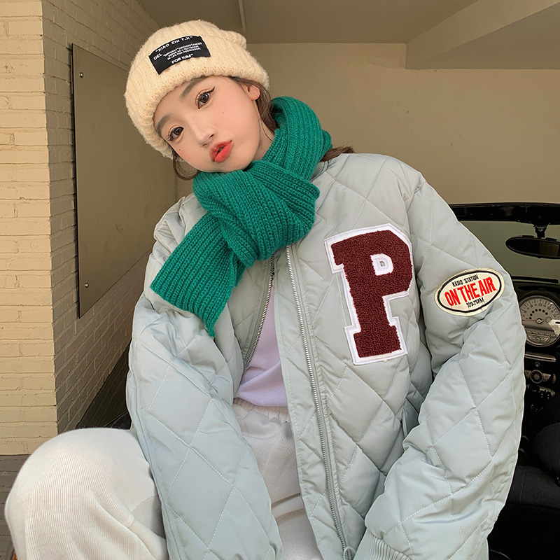 Internet celebrity rhombus letter Hong Kong style cotton jacket winter new college style clip loose baseball uniform for women