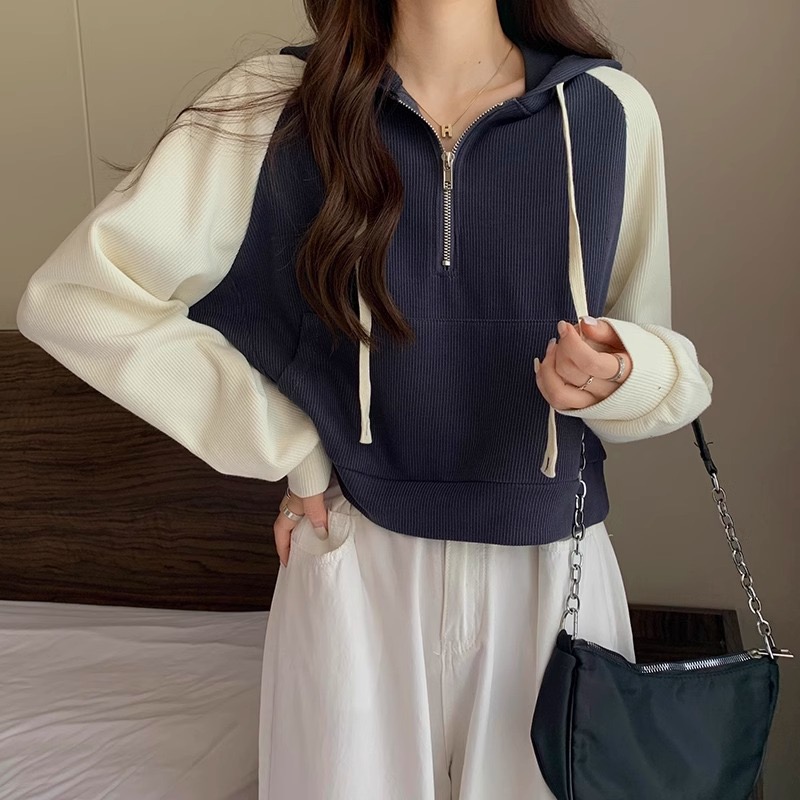 原版做工插肩袖美式復古半拉鏈衛衣2023女小個子寬鬆短款上衣