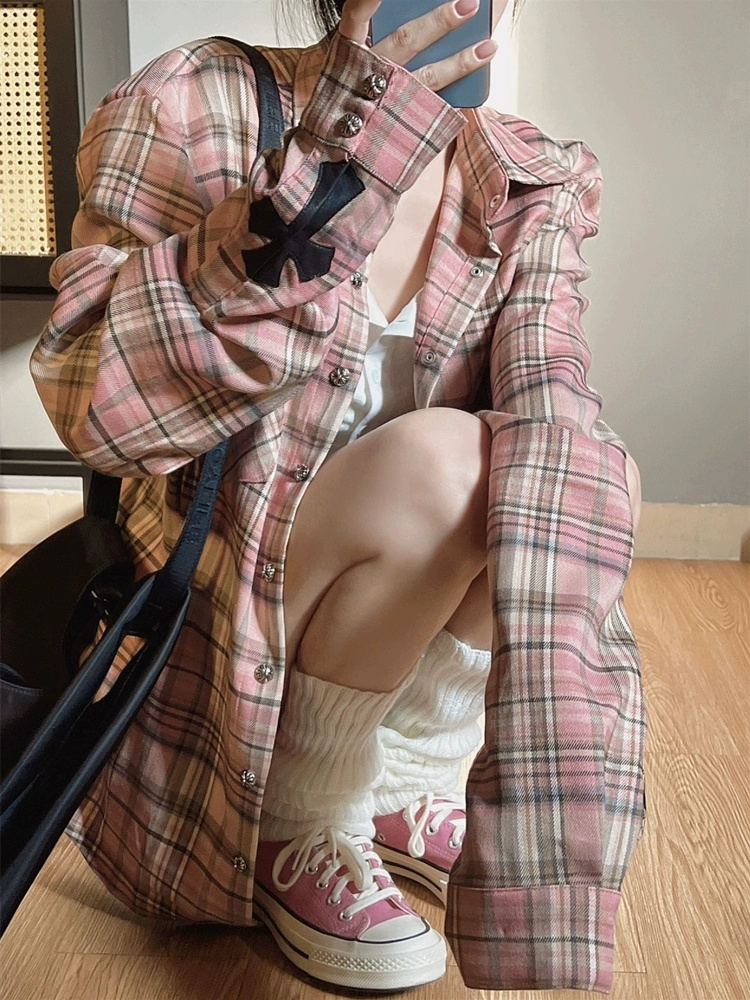 非 粉色格子襯衫外套小個子設計感小眾上衣寬鬆襯衣