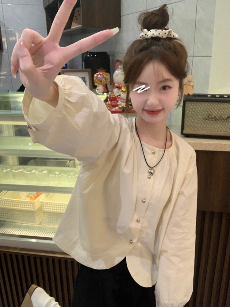復古白色簡約甜美設計感圓領襯衫長袖襯衣秋季新款女裝