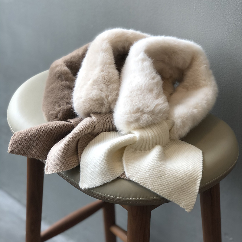 ~Plush scarf for women in winter, Korean version, soft imitation rabbit hair bow tie, fake collar, warm scarf