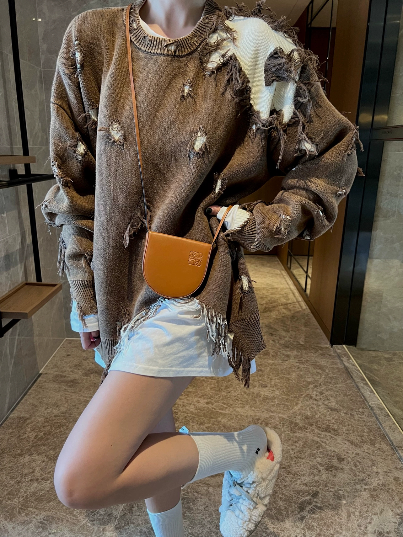 假兩件破洞流蘇毛衣女歐貨洗水做舊棉質抗起球寬鬆大版套頭大毛衣