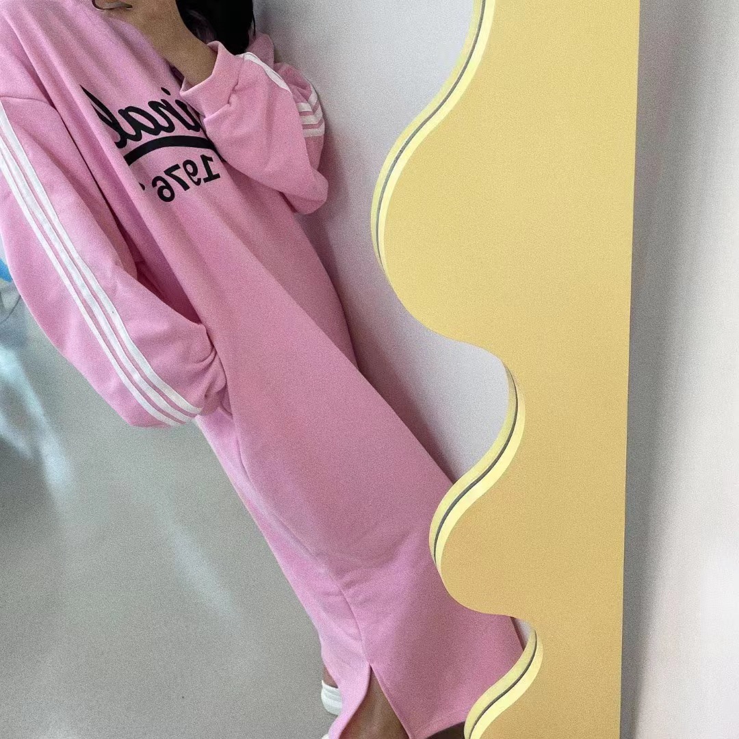 韓國東大門 復古法式字母印花拼條超長衛衣連衣裙女