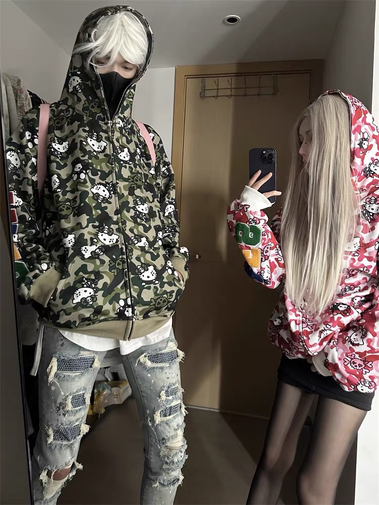站在霧裡高街美式凱蒂貓滿印迷彩貓咪印花連帽衛衣男女同款外套