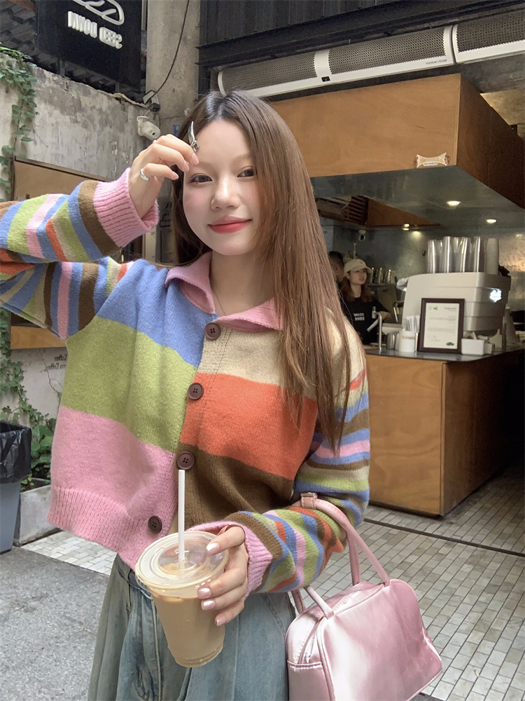 ！~多巴胺彩色拼接翻領上衣女少女學院風寬鬆長袖開衫