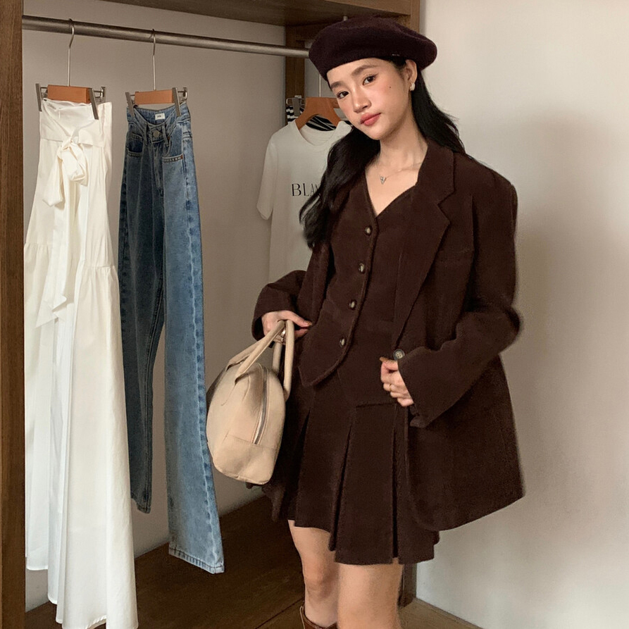 Korean style autumn and winter style retro corduroy suit jacket + slim vest + high waist slim pleated skirt three-piece set