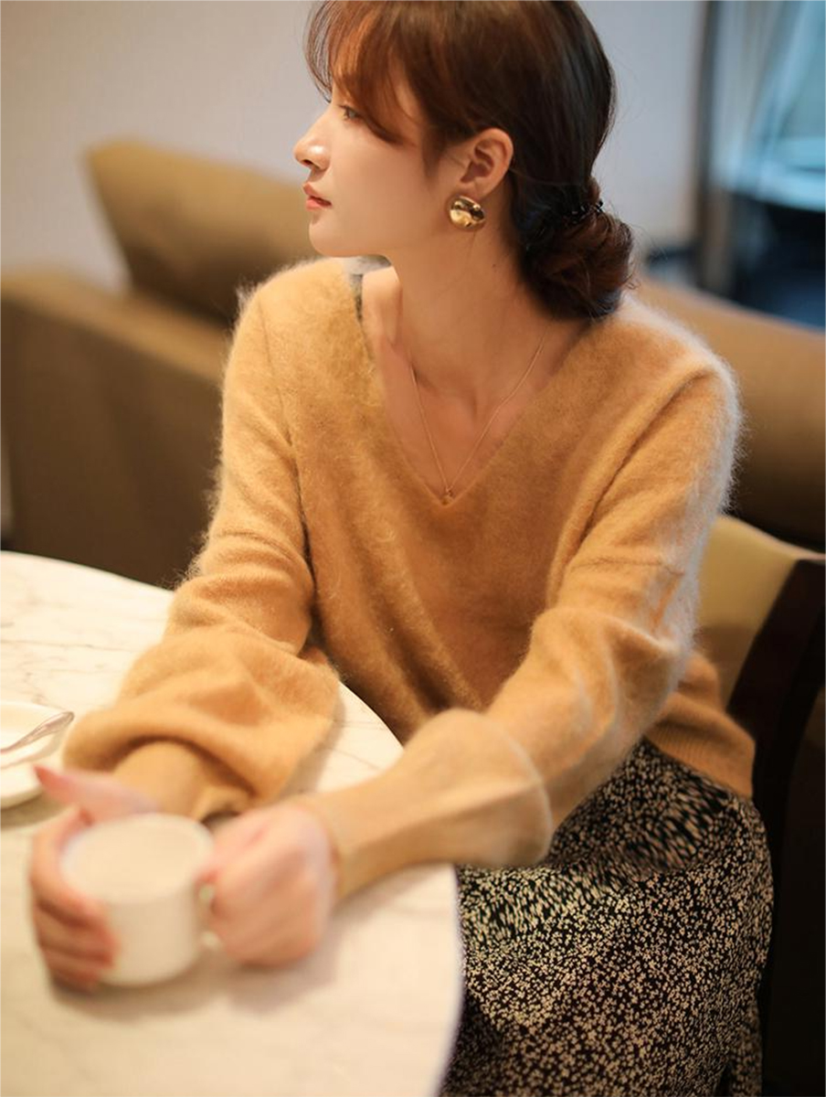 秋冬季女紫色軟糯貂絨衫小眾設計感慵懶風復古馬海毛V領針織毛衣
