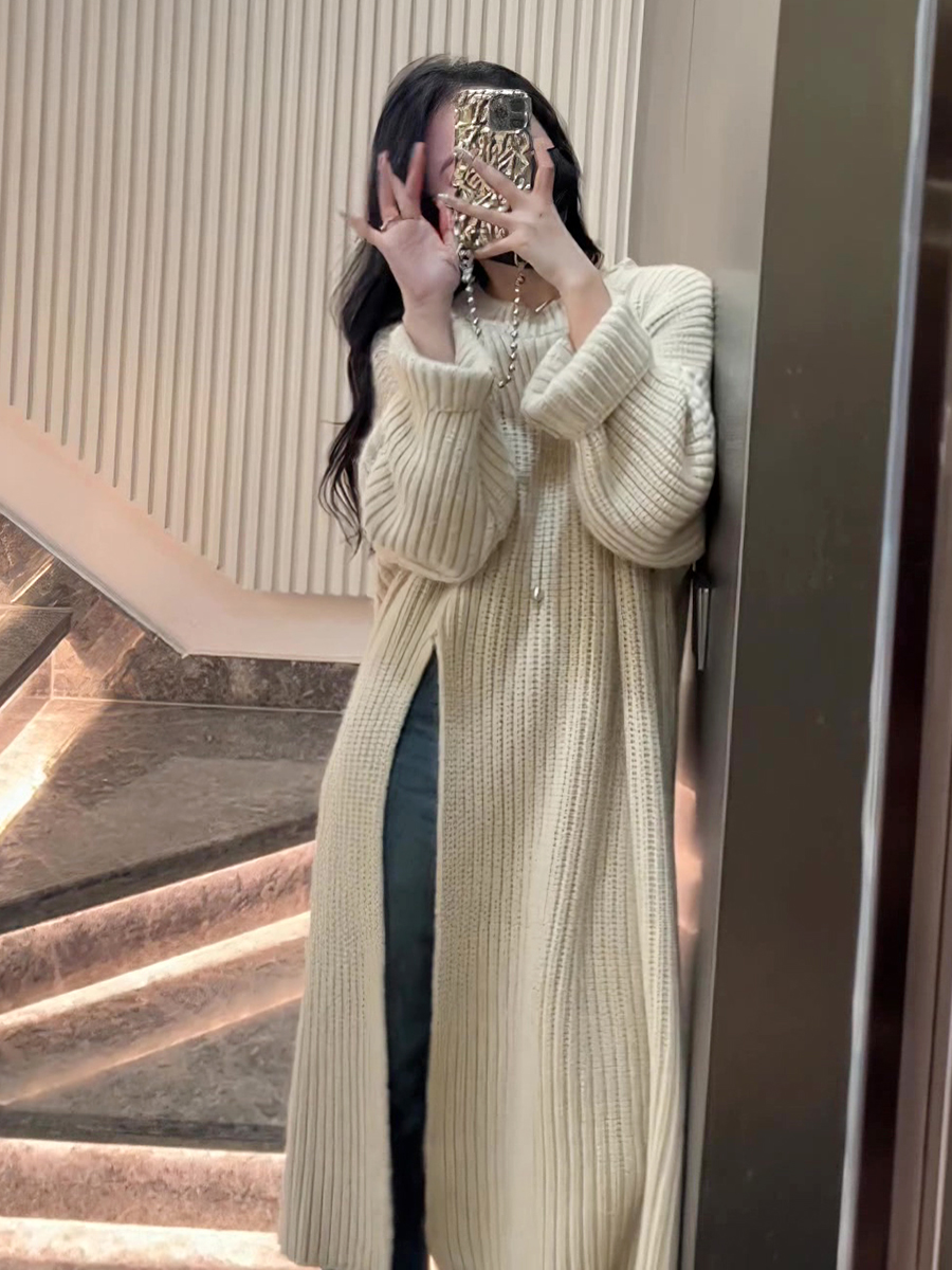 韓系慵懶風毛衣裙女2023秋冬新款寬鬆套頭側開叉過膝中長款針織裙