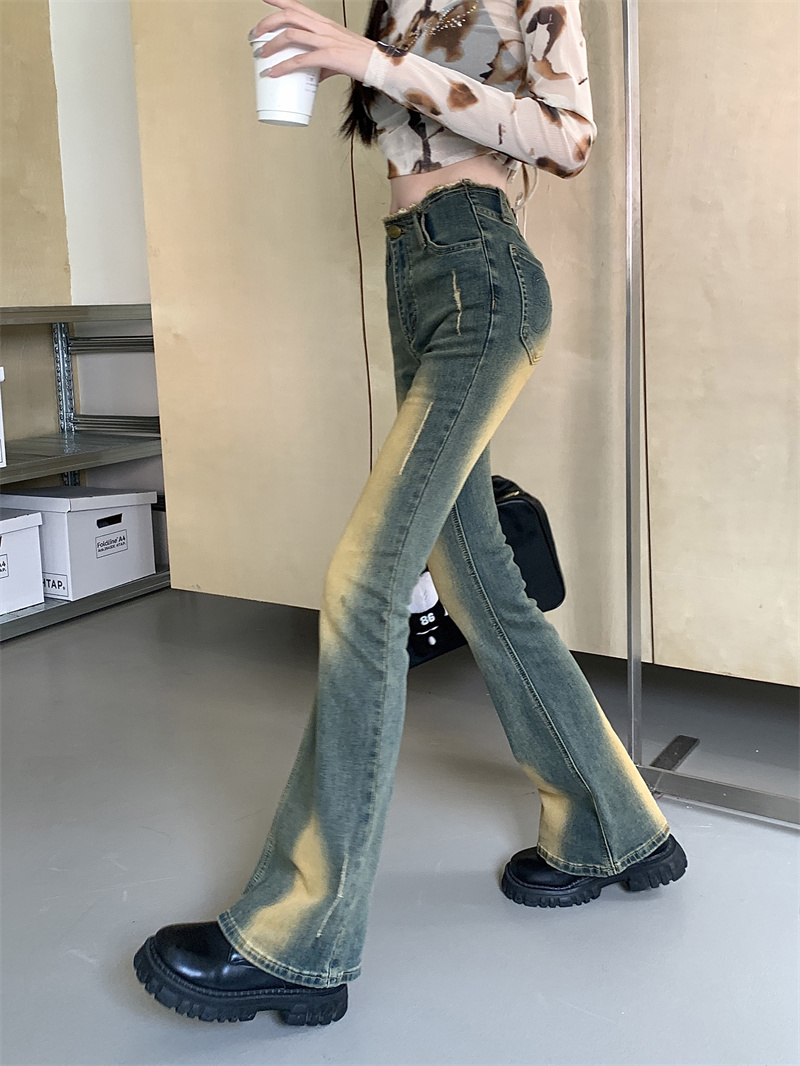 ~美式復古黃泥水洗低腰褲修身顯瘦毛邊微喇牛仔褲女