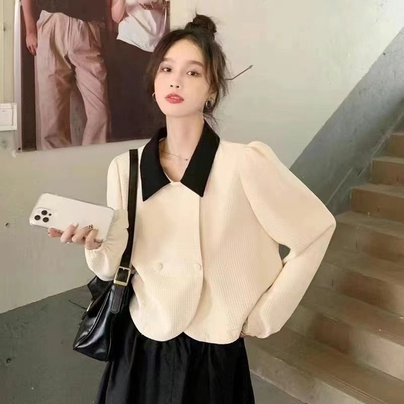 韓國chic法式復古氣質溫柔撞色翻領雙排扣壓褶泡泡袖百搭襯衫外套