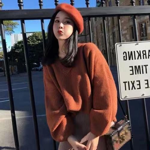 韓版慵懶風V領毛衣女2023秋冬季新款時尚百搭寬鬆甜美顯瘦針織衫