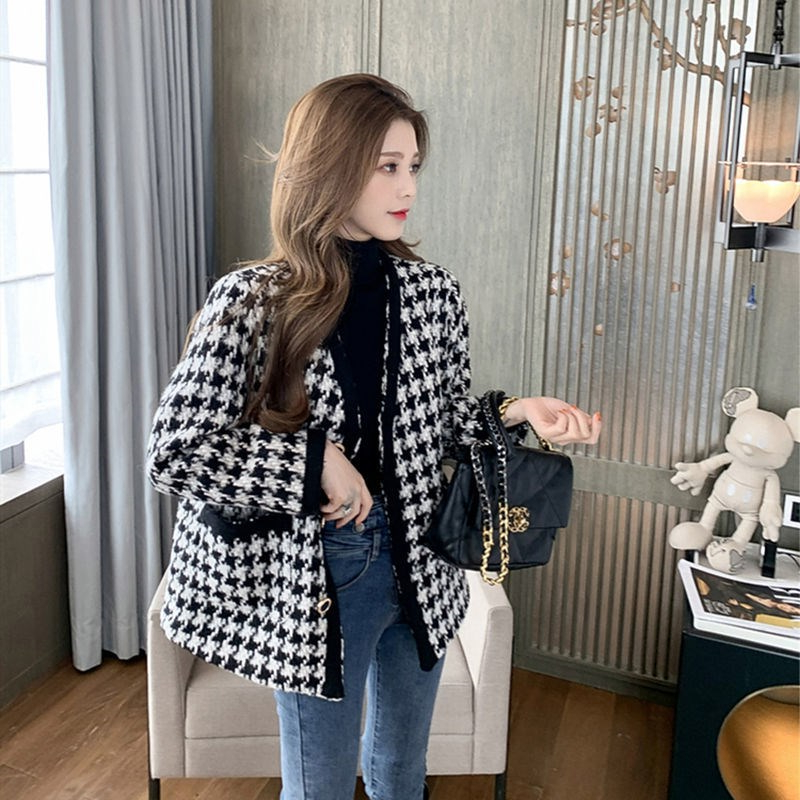 小香風千鳥格粗花呢外套女秋冬韓版寬鬆名媛氣質棒球服ins短上衣