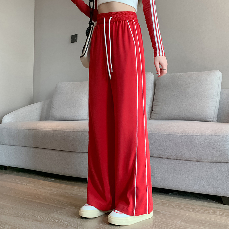 新款紅色運動褲女春秋直筒休閒美式抽繩高腰顯瘦休閒衛褲潮