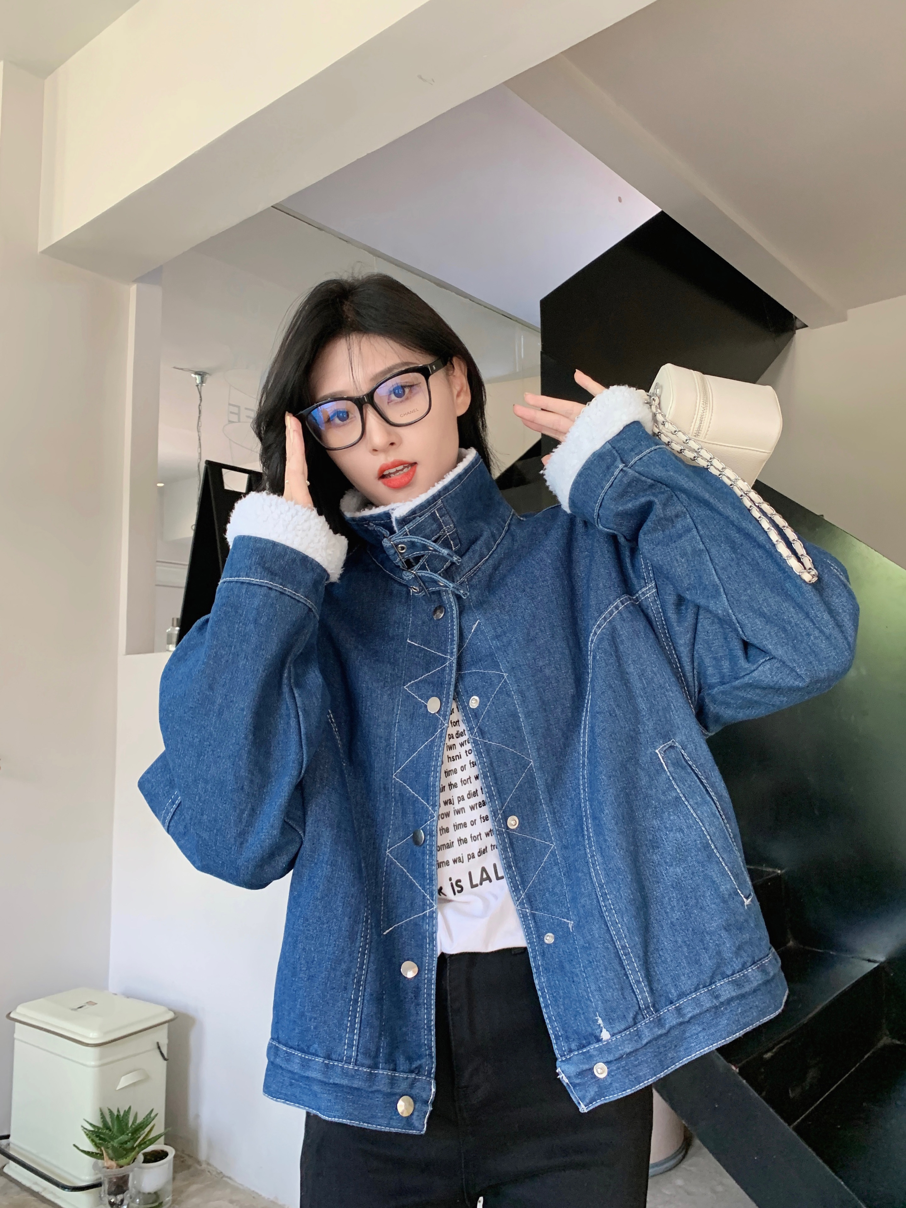 ！羊羔毛牛仔外套女冬寬鬆bf短款加厚棉服炸街機車服夾克