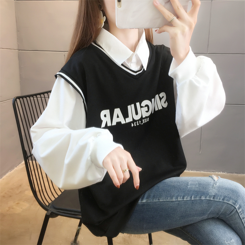 首發6535魚鱗2023秋季襯衣衛衣女薄款長袖假兩件上衣女裝