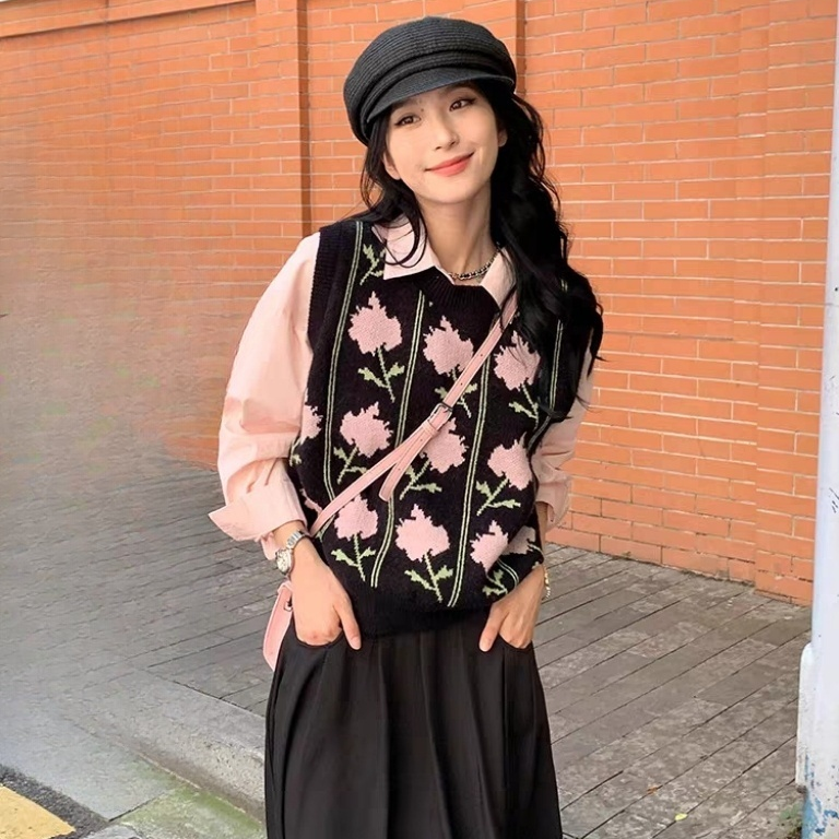 甜美提花背心針織衫女裝秋季2023新款設計感減齡寬鬆外搭背心上衣